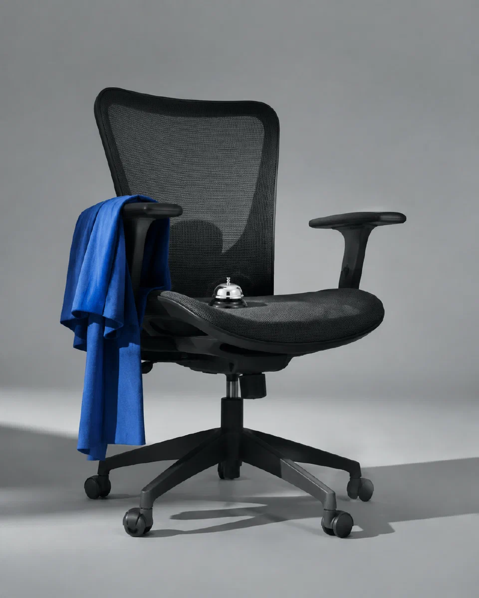 An empty office chair with blue fabric and a small service bell